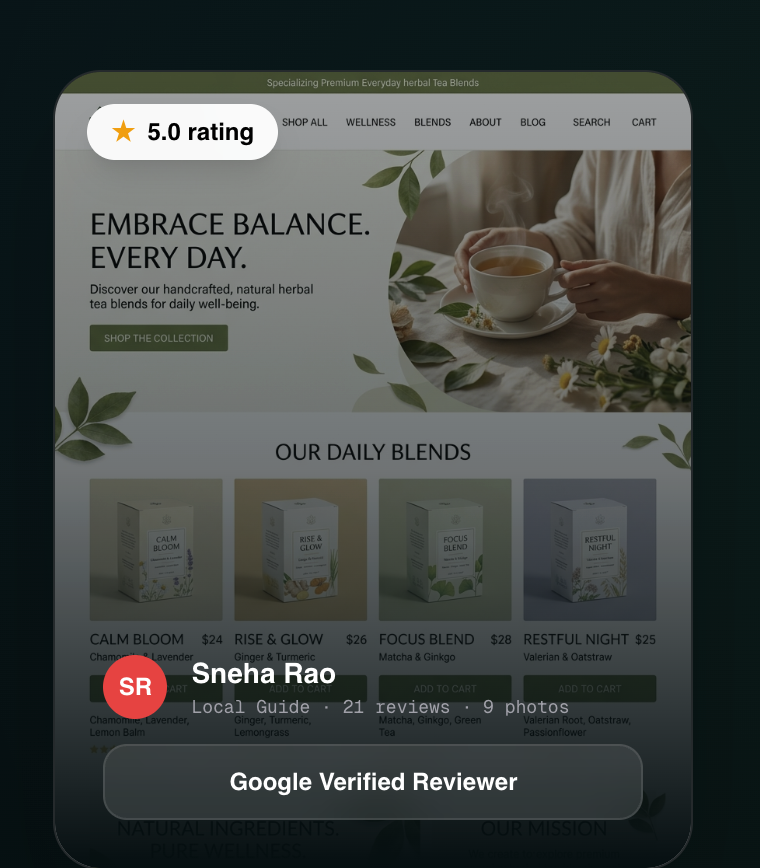 D2C organic tea and beverages storefront with streamlined checkout and custom brand typography.